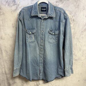 Wrangler Pearl Snap Denim Shirt Mens XL Tall Blue Western Workwear